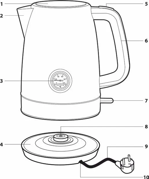 Übersicht der Komponenten des Wasserkochers