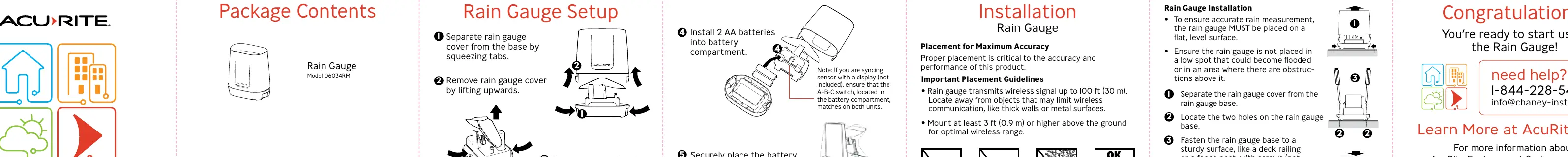 Schritt-für-Schritt-Anleitung zur Einrichtung des AcuRite Regenmessers: Öffnen des Gehäuses, Einlegen der Batterien, Konfiguration des A-B-C-Schalters und Montage auf einer ebenen...
