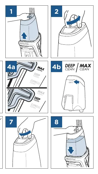 Schritte zum Befüllen des Wassertanks.