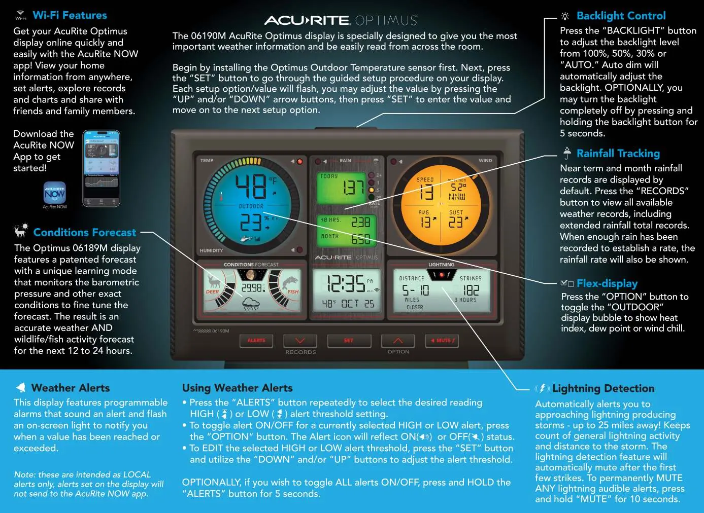 Übersicht der Acurite Optimus Wetterstation mit Tastenbelegung und Display-Anzeigen.