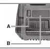 Diagramm der Akku-Kapazitätsanzeige (A: Taster, B: Display)