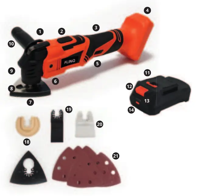 Teileübersicht des FlinQ Multi Tool 18V