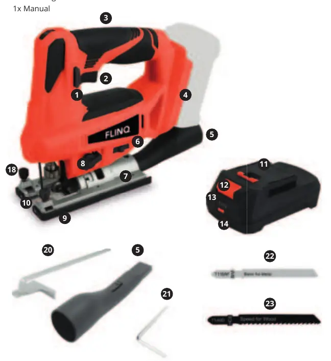 Teileübersicht der FlinQ Jig Saw 18V