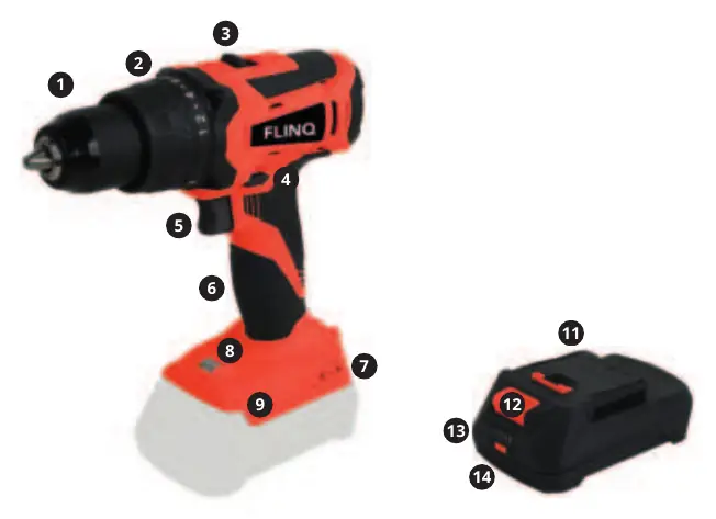 Teilebeschreibung des FlinQ Cordless Drill 18V