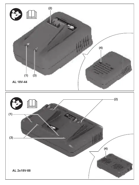 Übersicht der Ladegeräte AL 18V-44 und AL 2x18V-88