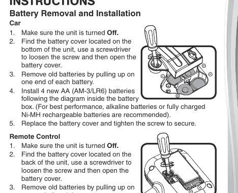 Anleitung zum Öffnen des Batteriefachs am Fahrzeug und an der Fernbedienung mittels eines Schraubendrehers.