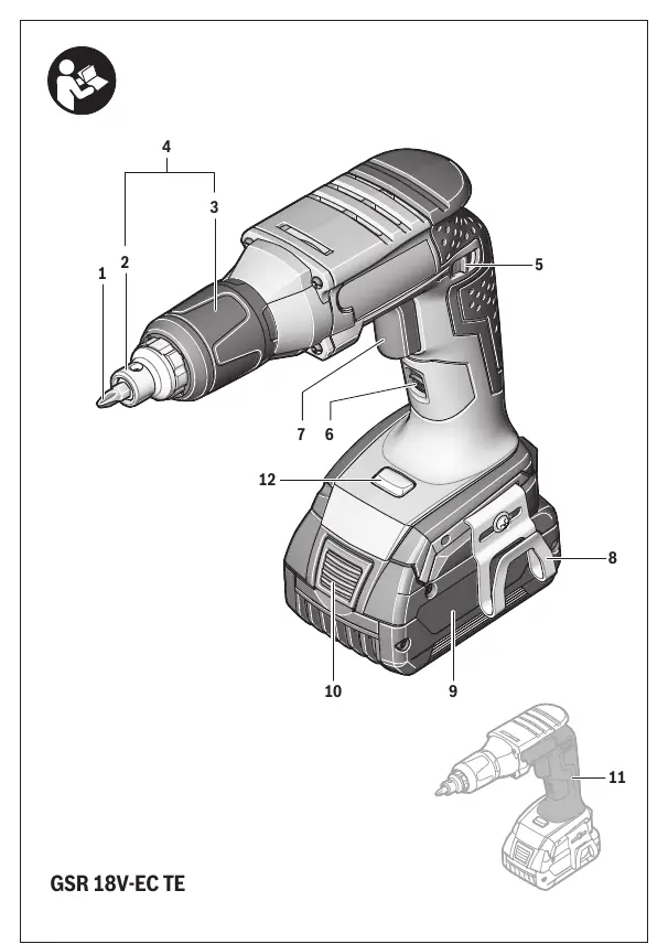 Übersicht der Bauteile des GSR 18 V-EC TE