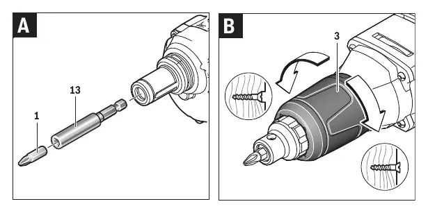 Werkzeugwechsel (A) und Tiefeneinstellung (B)