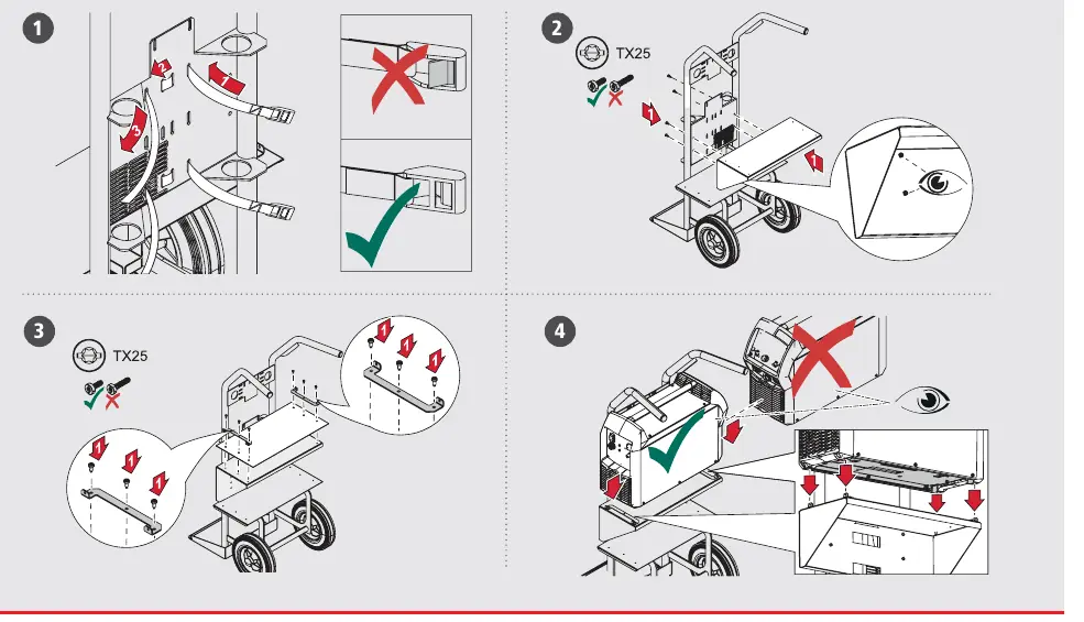 Montage des Schweißgeräts auf den Transportwagen (Schritte 1-4).