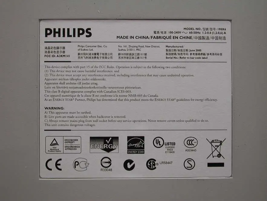 Typenschild des Philips 190X6