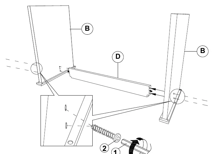 Befestigung der Querstrebe (D) an den Tischbeinen (B).