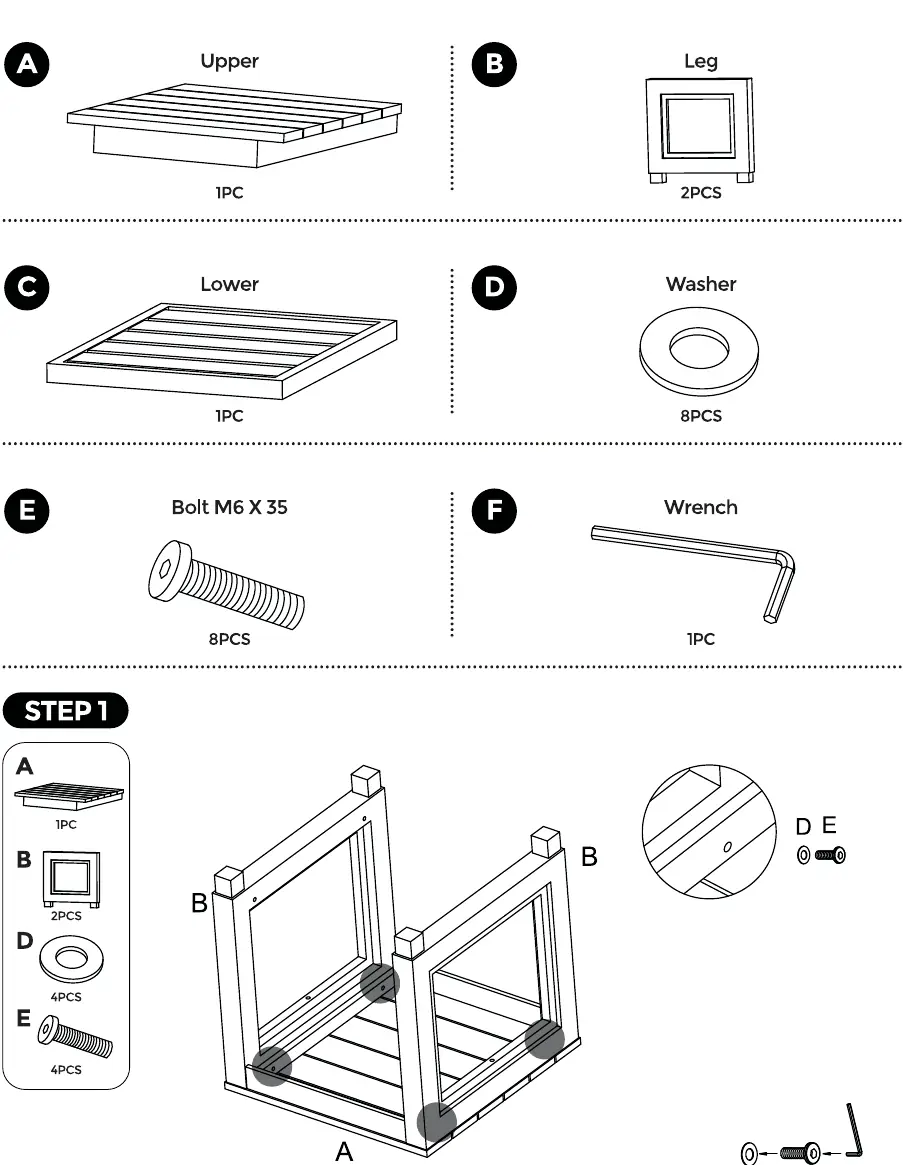 Teileliste und Schritt 1 für den Side Table