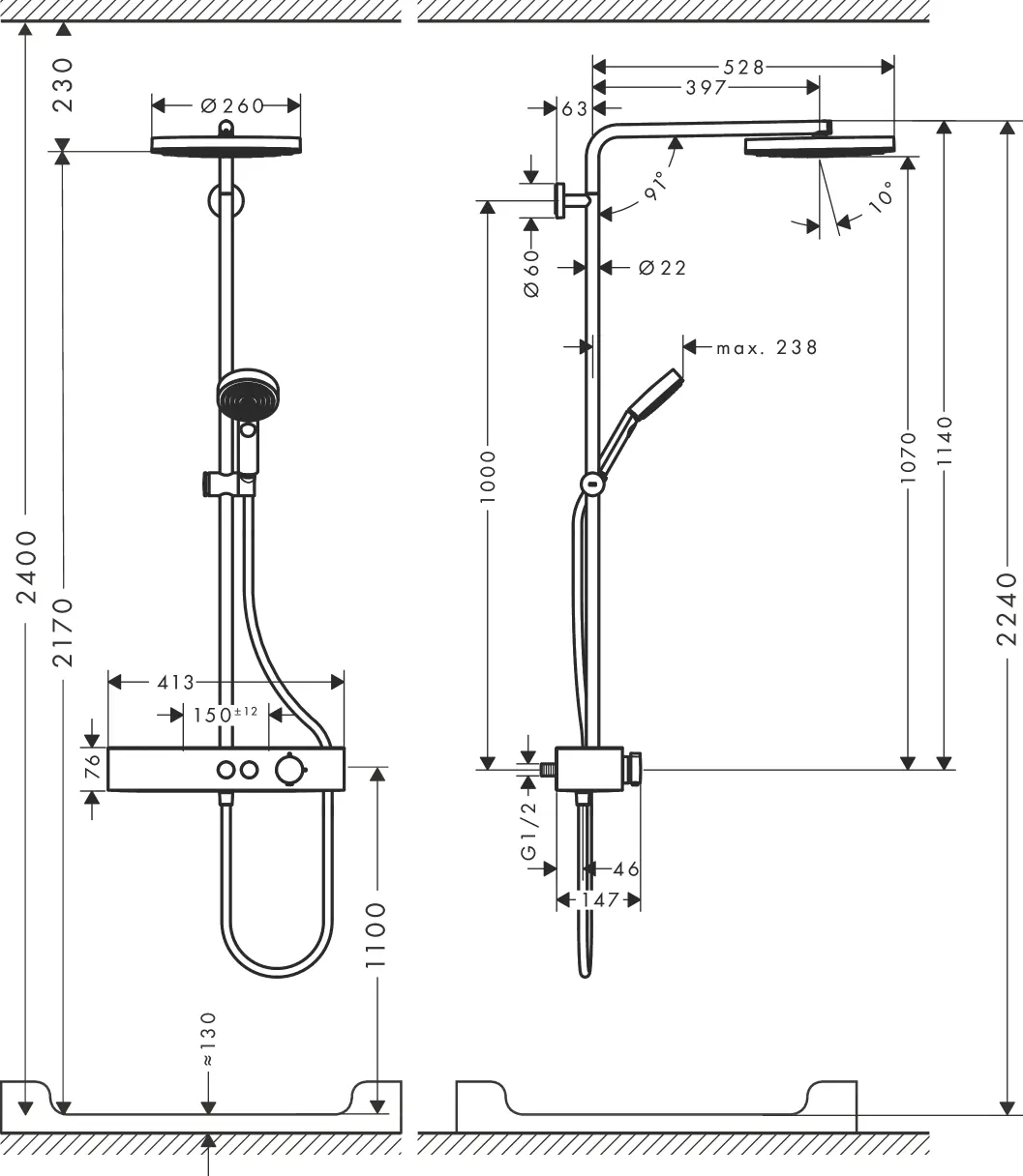 Maßzeichnung des Duschsystems