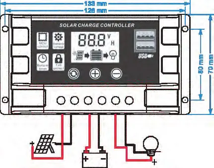 Schaltplan für den Anschluss von Solarpanel, Batterie und Last an den Controller.
