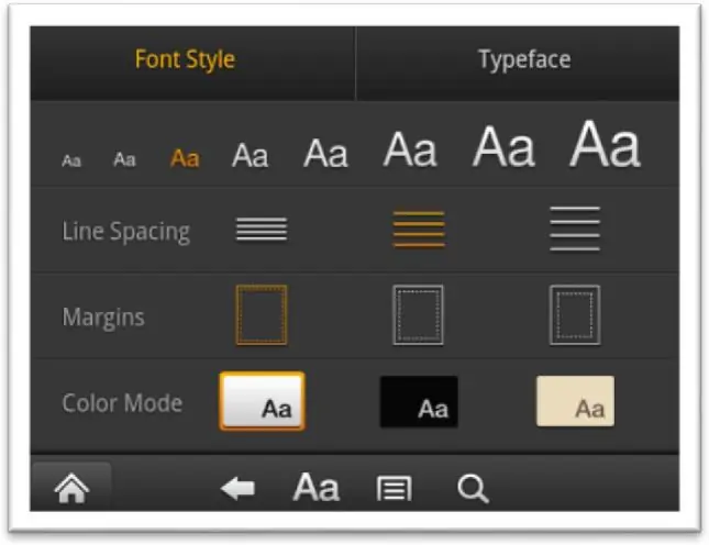 Menü zur Anpassung der Textdarstellung (Schriftart, Zeilenabstand, Ränder, Farbmodus).