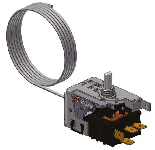 Aufbau des 077B Thermostats mit Kapillarrohr und Anschlüssen