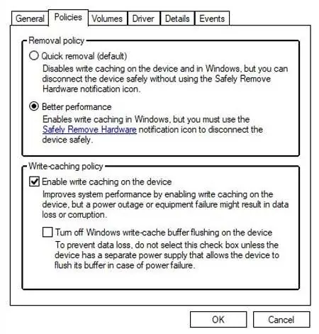 Windows-Einstellungen für Schreib-Cache