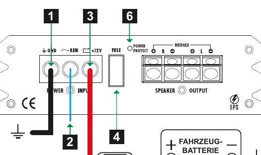 Anschlussdiagramm für Strom und Lautsprecher