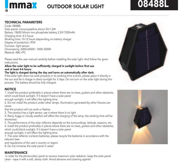 Die Abbildungen zeigen die Immax Solar-Wandleuchte in der Nahansicht sowie im montierten Zustand mit aktiver Lichtabstrahlung nach oben und unten.