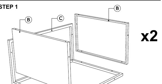 Schritt 1: Verbindung der Seitenteile (B) mit dem Rückenteil (C).