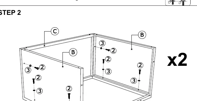 Schritt 2: Verschraubung der Seitenteile (B) mit dem Rückenteil (C).