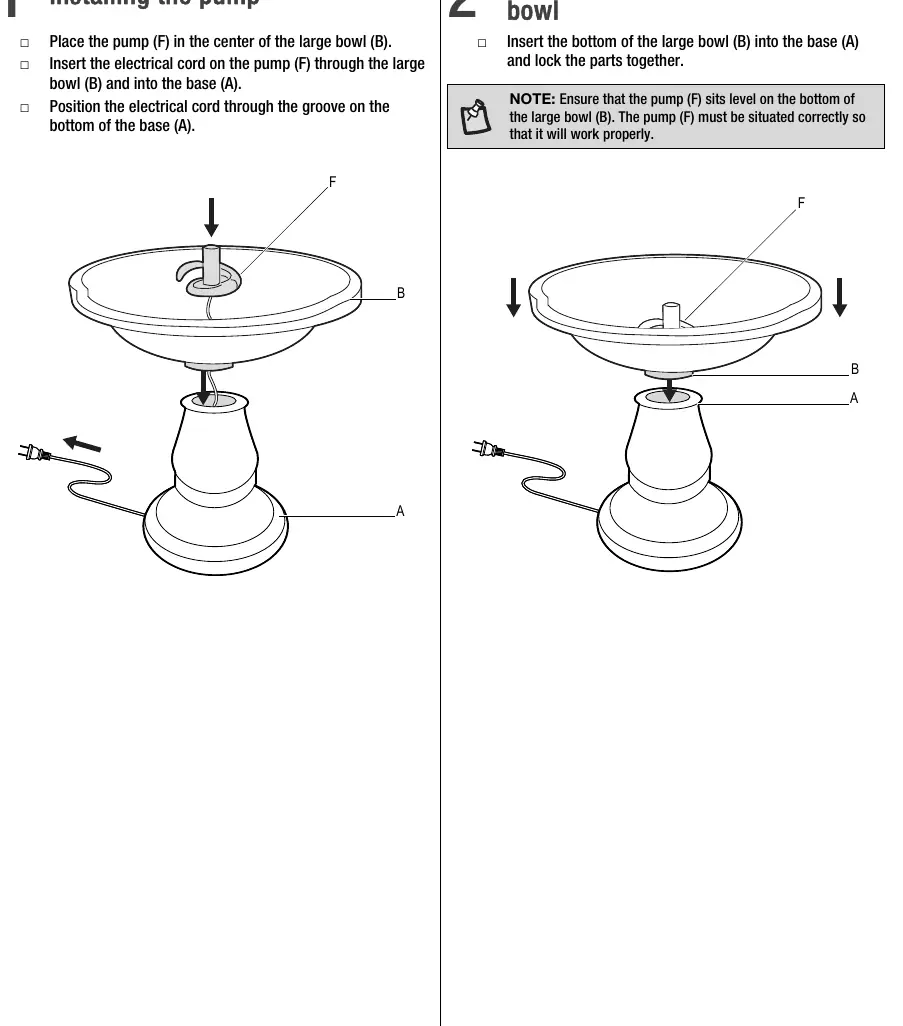 Schritt 1 und 2: Installation der Pumpe und Verbindung von Sockel und Schale