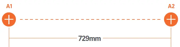 Abstand der Bohrlöcher für die Wandmontage (729 mm)