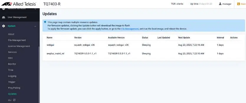 Updates-Seite in der Web-GUI