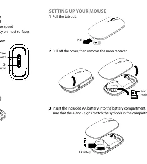 Schritte zur Einrichtung der Maus: Batteriefach öffnen, Batterie einlegen und Nano-Empfänger entnehmen.
