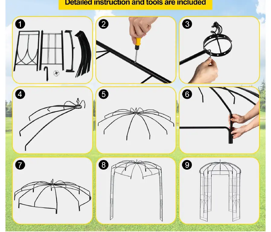 Übersicht der 9 Montageschritte für den 2.7m Birdcage Garden Arbor
