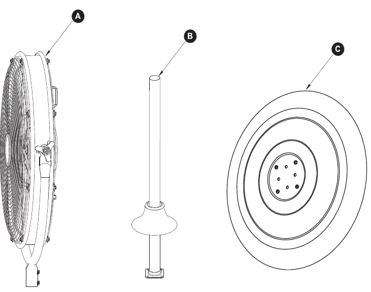 Lieferumfang: Ventilatorgehäuse, Standstange und Basis.