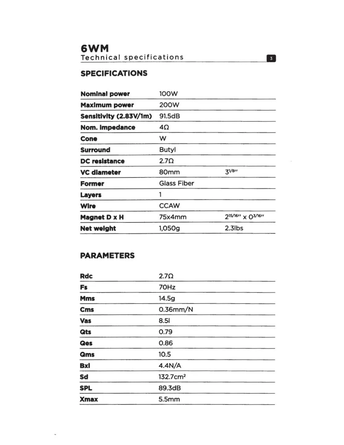 Tabelle der technischen Daten und Thiele-Small-Parameter