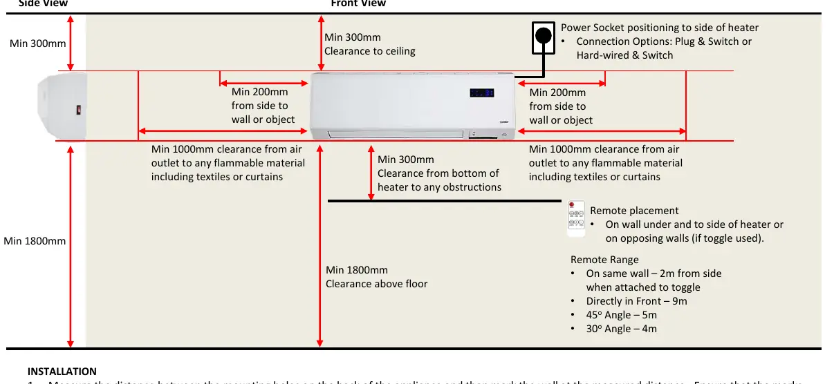 Installationsanforderungen und Abstände für den Goldair Ceramic Wall Heater