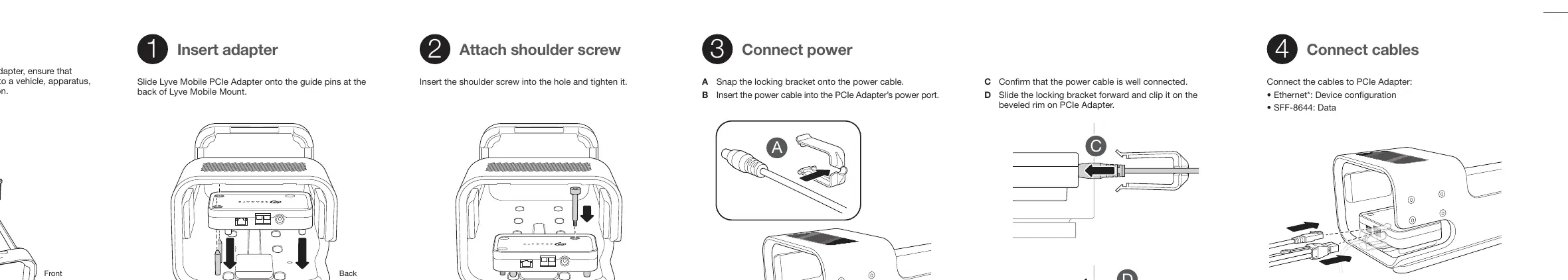 Installationsschritte 1-4: Adapter einsetzen, Schraube befestigen, Strom und Kabel anschließen.
