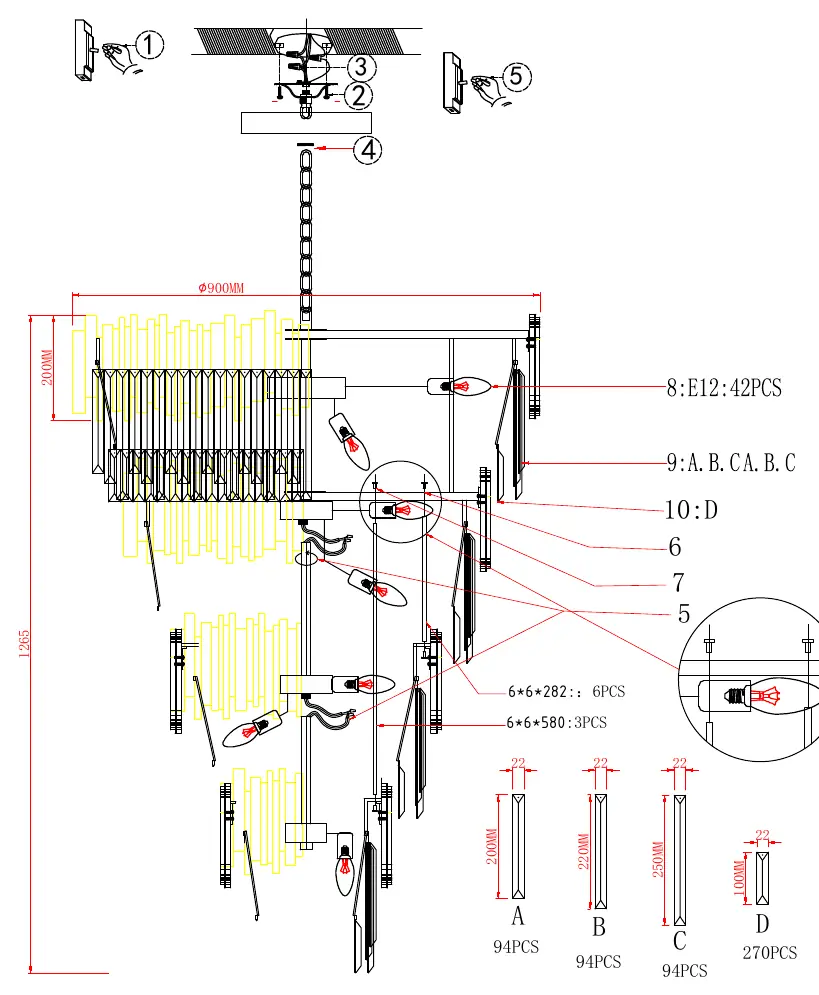 Installationsdiagramm und Kristall-Bestückungsplan