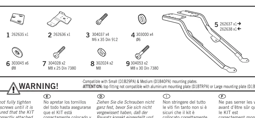 Übersicht der im Kit enthaltenen Schrauben und Montageplatten.