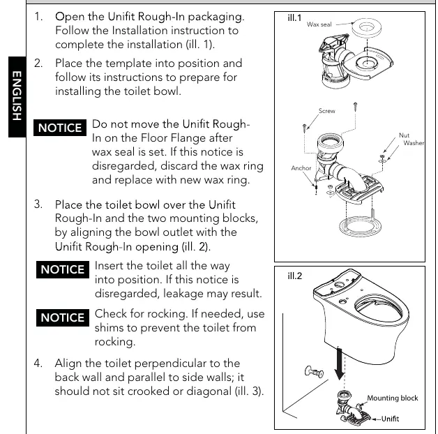 Installation des Unifit Rough-In-Anschlusses mit Wachsdichtung und Befestigungsmaterial sowie das anschließende Aufsetzen der Toilettenschüssel.