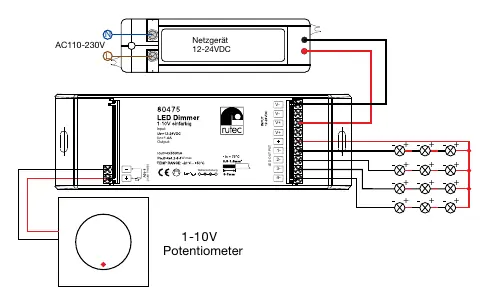 Verdrahtungsschema für den Anschluss von Netzgerät, Potentiometer und LEDs