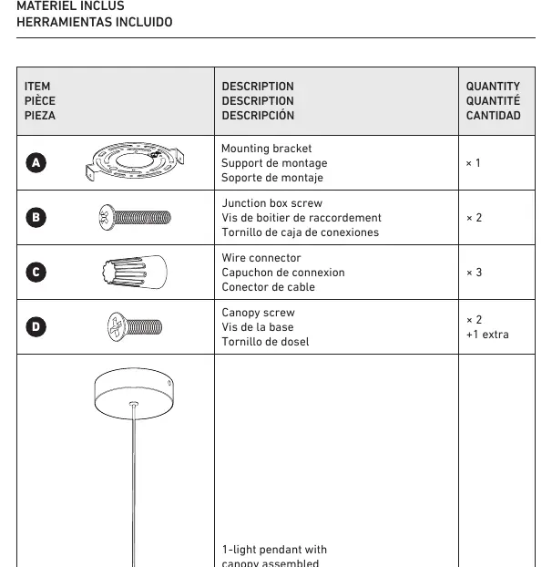 Übersicht der im Lieferumfang enthaltenen Montageteile: Montagehalterung, Anschlusskastenschrauben, Drahtverbinder und Baldachinschrauben.