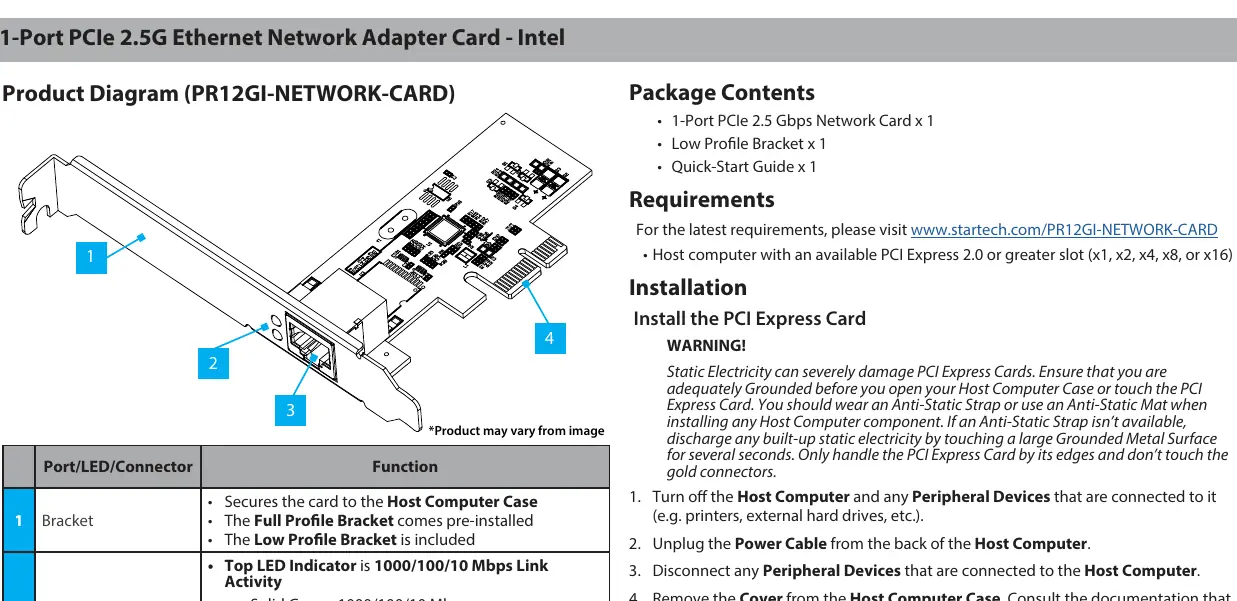 Übersicht der PCIe-Netzwerkkarte mit den wichtigsten Komponenten: Halteblech, LED-Statusanzeigen, RJ45-Ethernet-Port und PCIe-Anschluss.