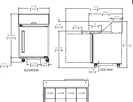 Abmessungen und Ansichten (Plan View, Elevation, Side View)