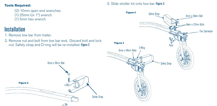 Montage des Stroller-Kits an die Deichsel: Vorbereitung der Sicherheitsriemen und Befestigung des Radmoduls mit Schrauben und Muttern.