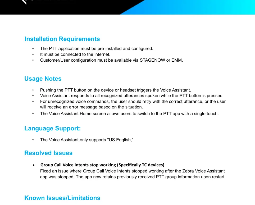 Übersicht der Installationsvoraussetzungen, Nutzungshinweise und Sprachunterstützung für den Zebra Voice Assistant.