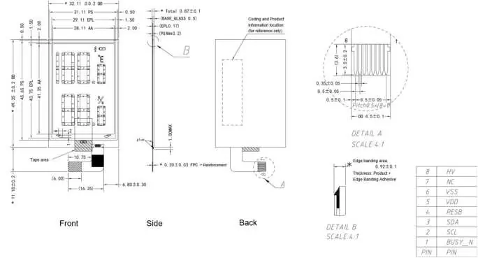 Mechanische Zeichnung des EPD-Moduls mit Pin-Belegung