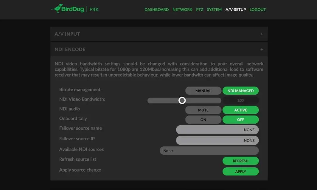NDI Encode Einstellungen