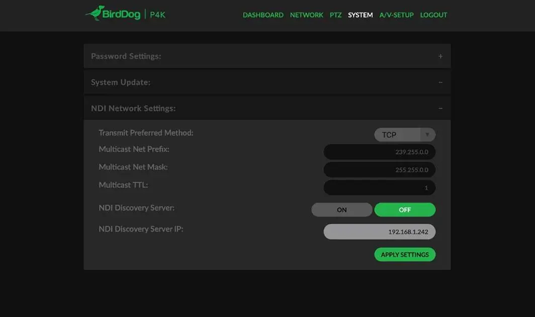 NDI Network Settings
