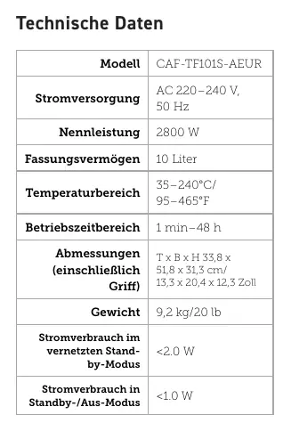 Technische Daten der Heißluftfritteuse