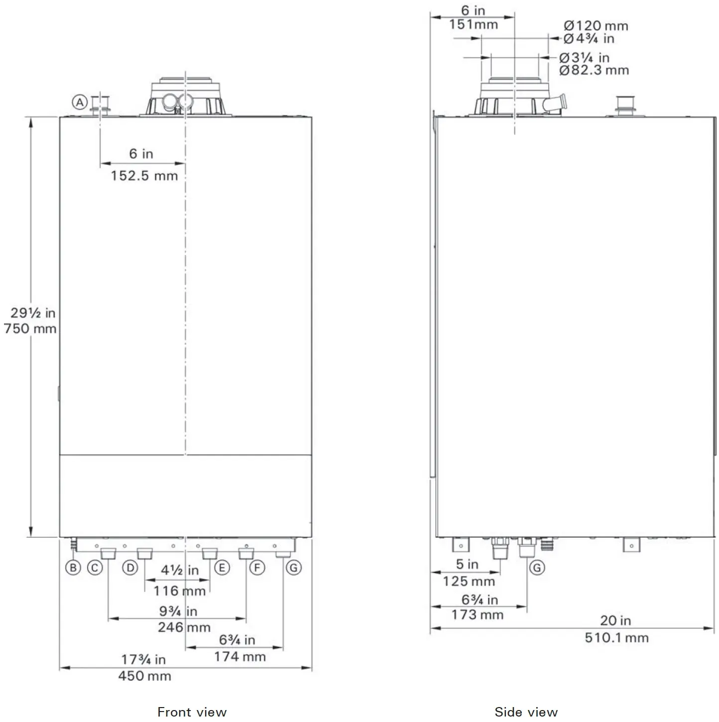 Abmessungen der Modelle 100-W 85/120