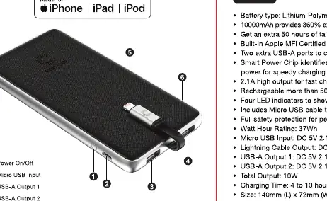 Diagramm der Comsol Powerbank PB10AL mit Anschlüssen und Bedienelementen.