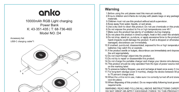 Anschlüsse und Bedienelemente der Powerbank